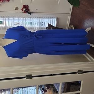Sandra Darren blue flame SplitSkirt dress cap slv Vneck TieWaist Pockets L New …
